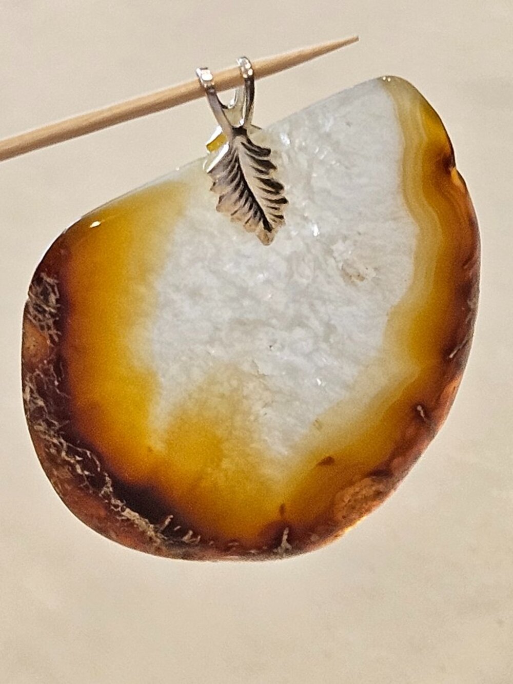 Polished Agate Geode Pendant with .925 Silver Leaf Bale - Brown, Yellow, White